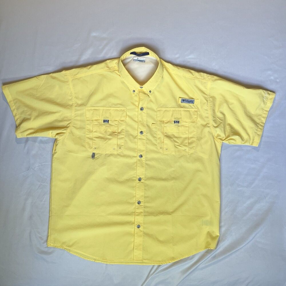 Columbia PFG Bahama Shirt Yellow Button Down Short Sleeve Vented Size Large